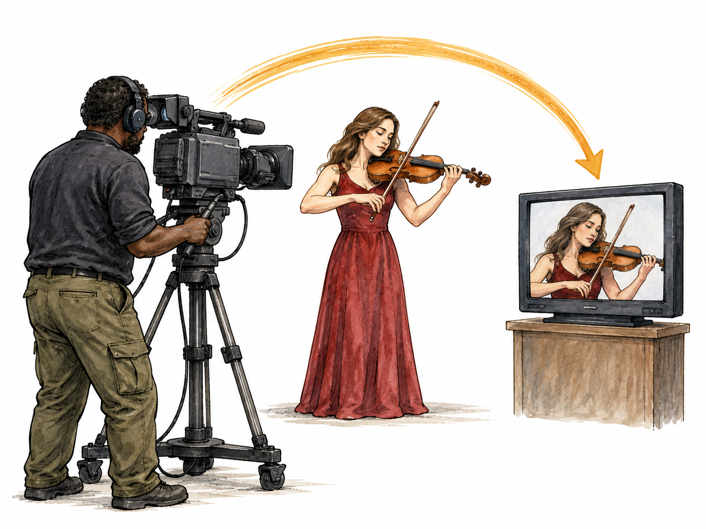 Television camera broadcasts violin performance.