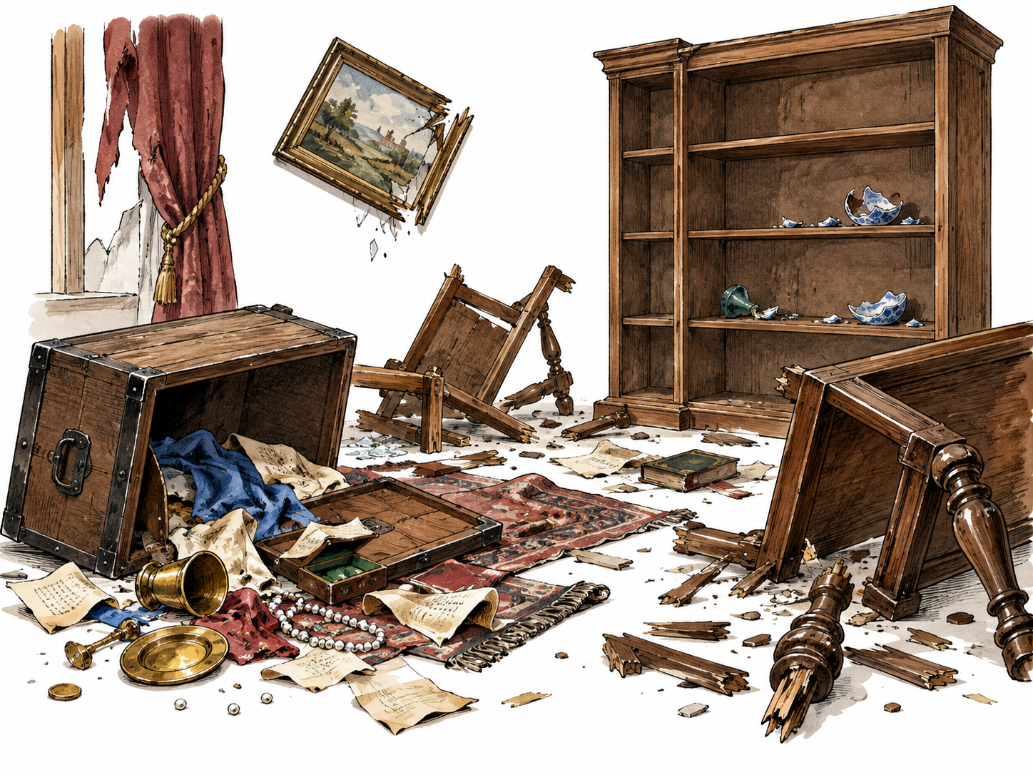 A room after plundering, overturned chest, broken furniture and empty display shelves; no people or gore.