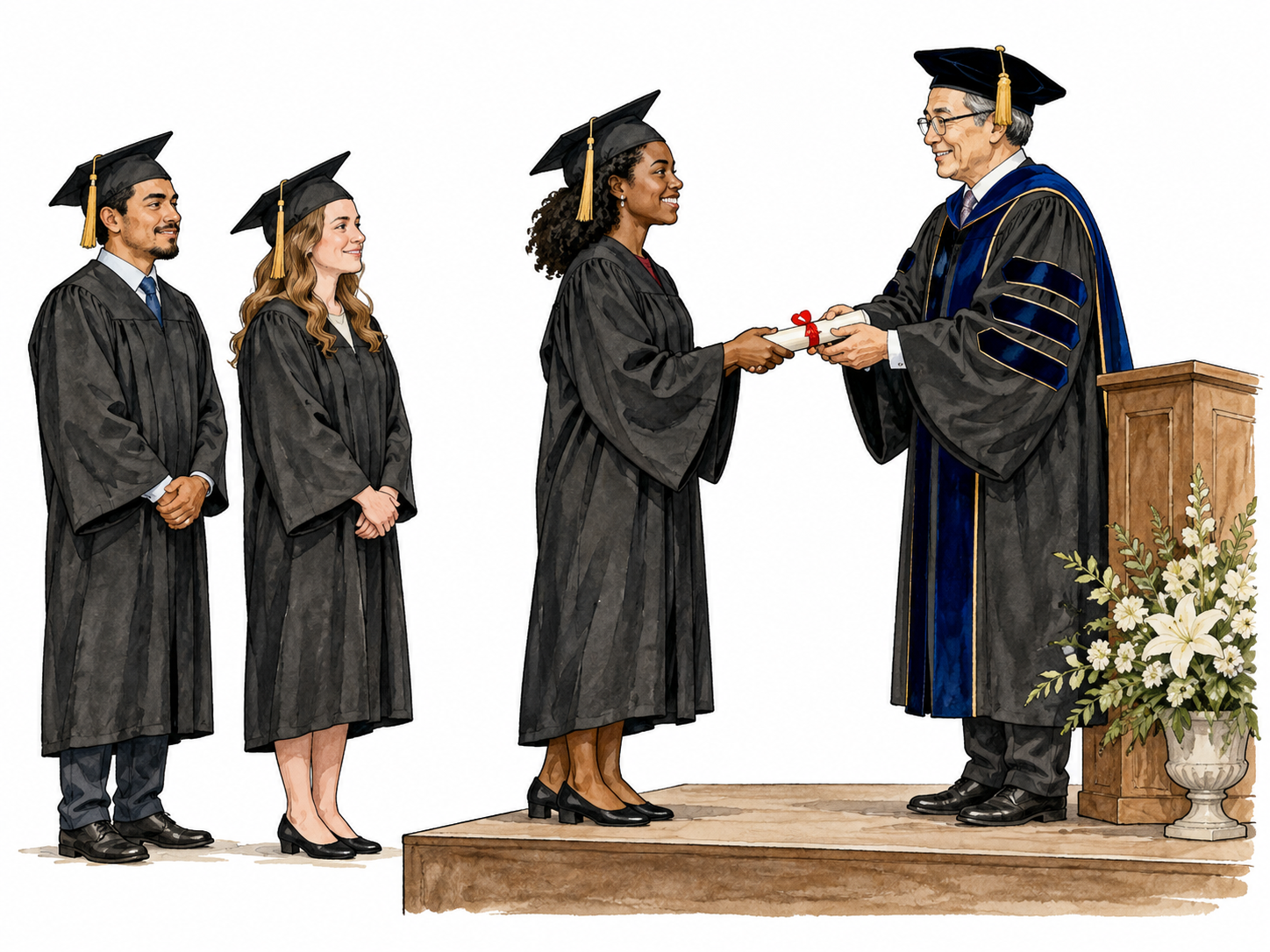 Mixed graduation group with diploma presentation.