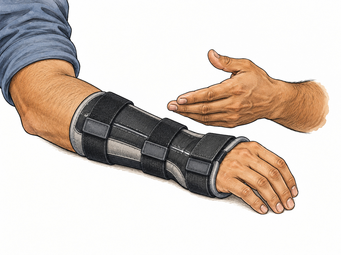 Wrist held still by rigid brace.