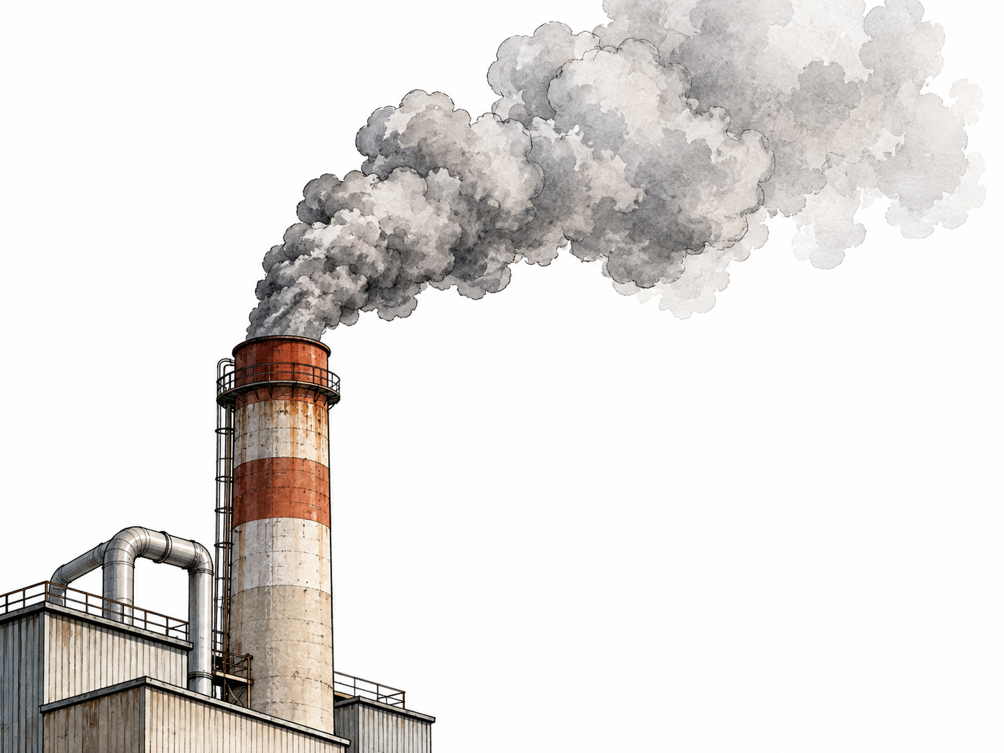 A factory chimney releases a plume of gray gas into clear air; crisp view of the release point.