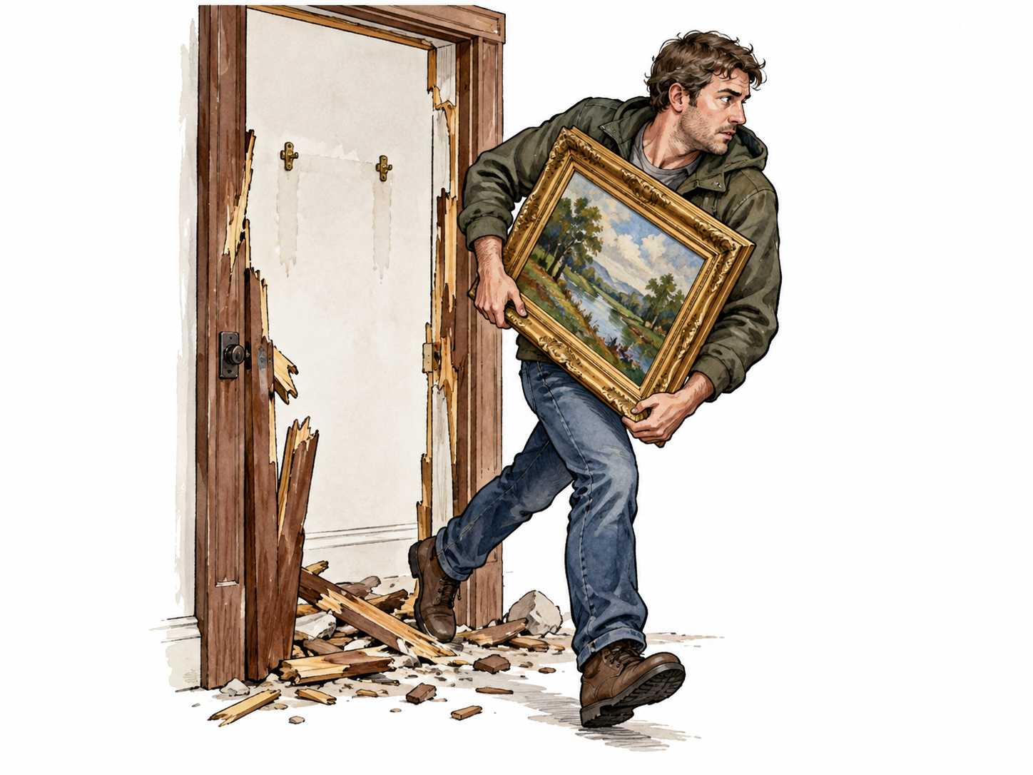 A looter carries off a framed object through a broken doorway, empty mounting hooks visible; no weapons.
