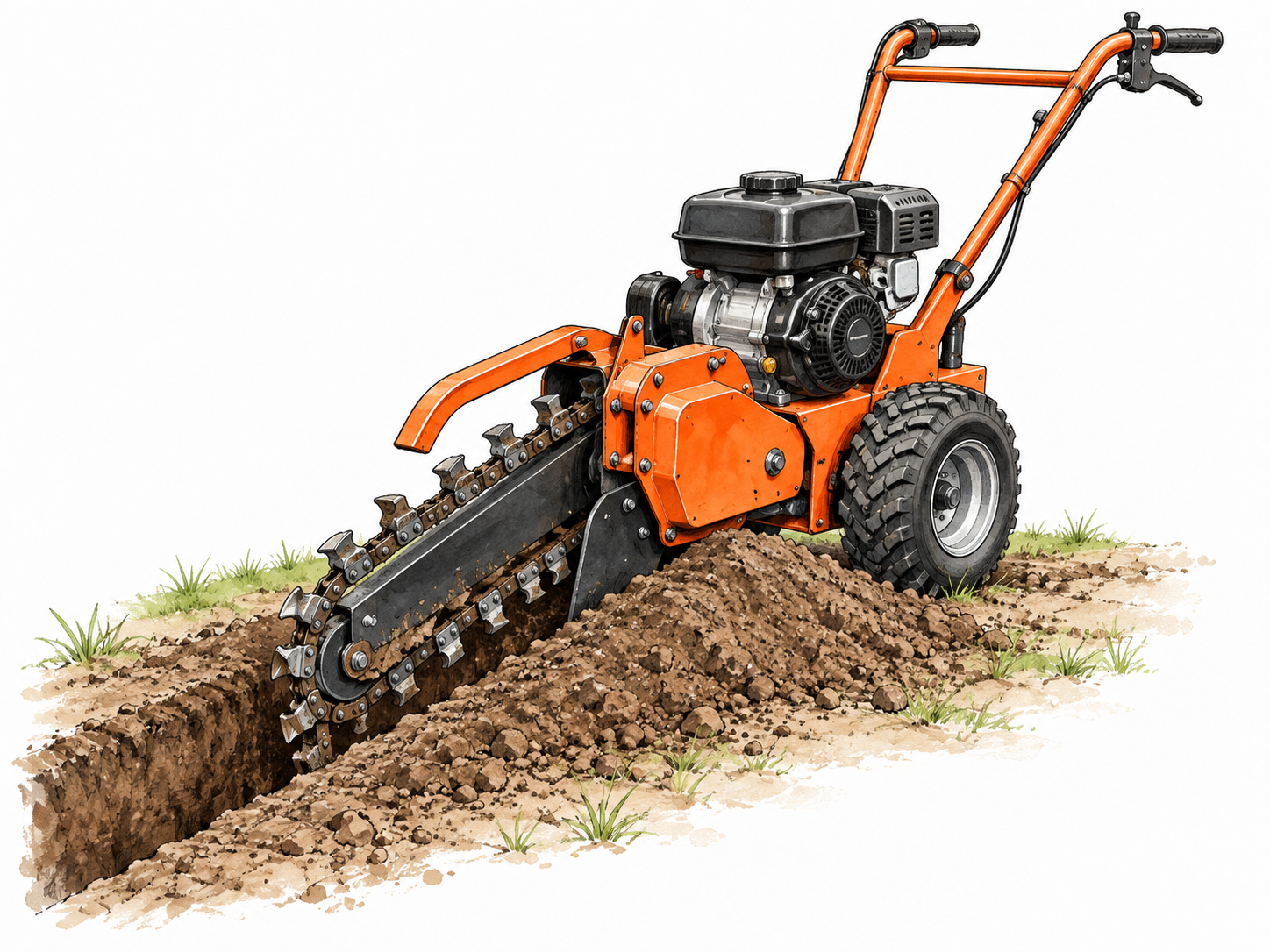 Chain trencher cuts a narrow ditch.