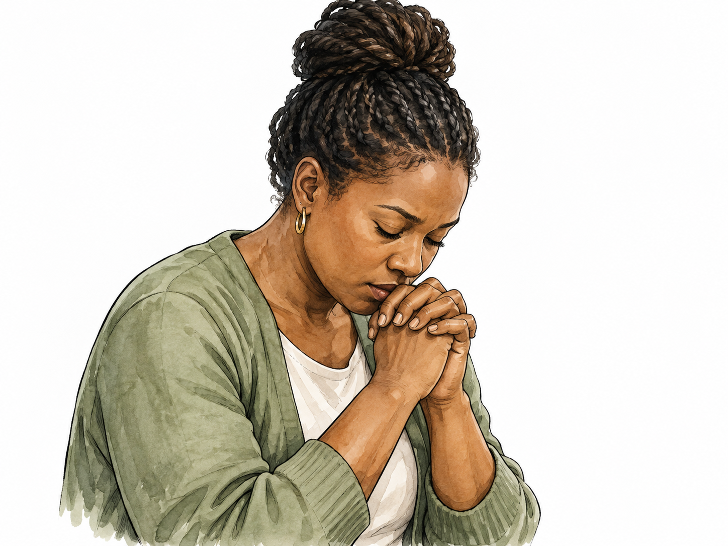 A solitary person bows their head and clasps hands in sincere quiet prayer.