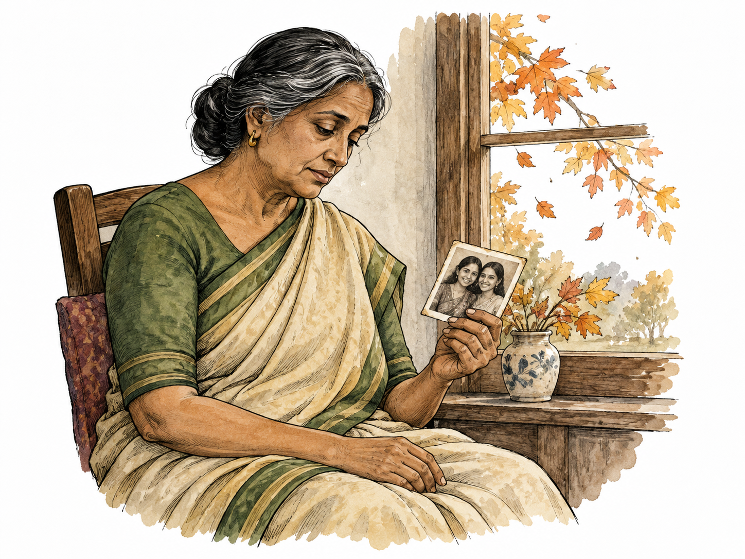 Older South Asian woman wistfully holds an old photograph.