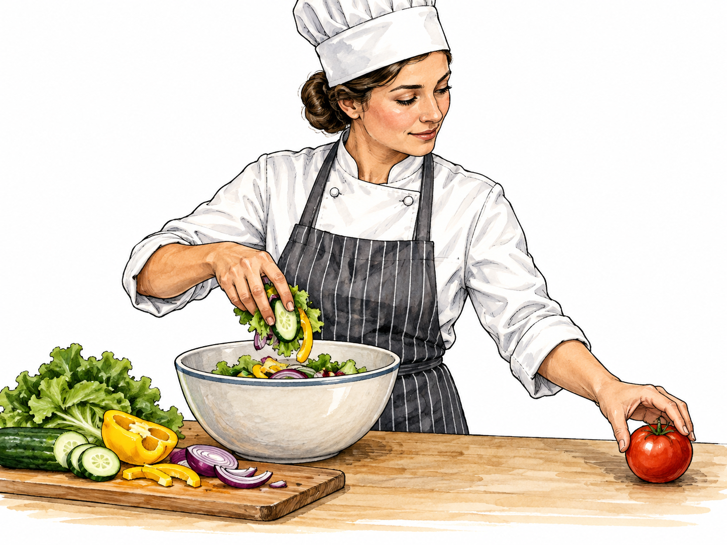 A cook deliberately sets one tomato aside while putting the other vegetables into a bowl.
