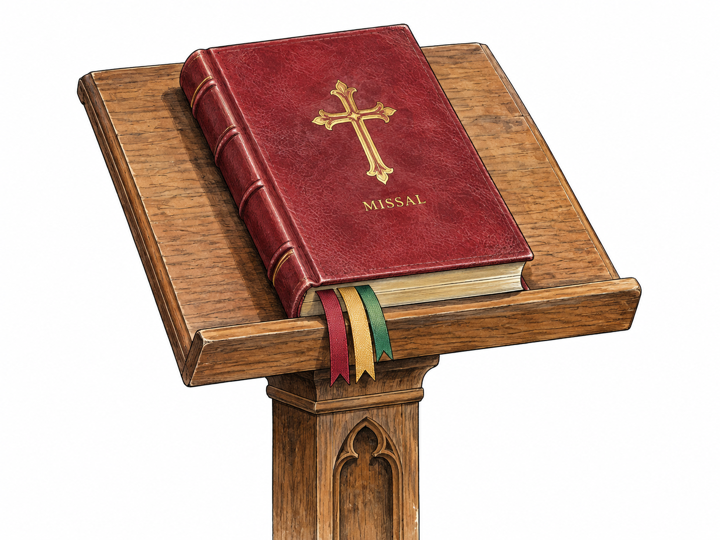 A single closed red leather Catholic missal on a wooden church lectern, gold cross and small gold title MISSAL, ribbon markers extending from bottom pages.