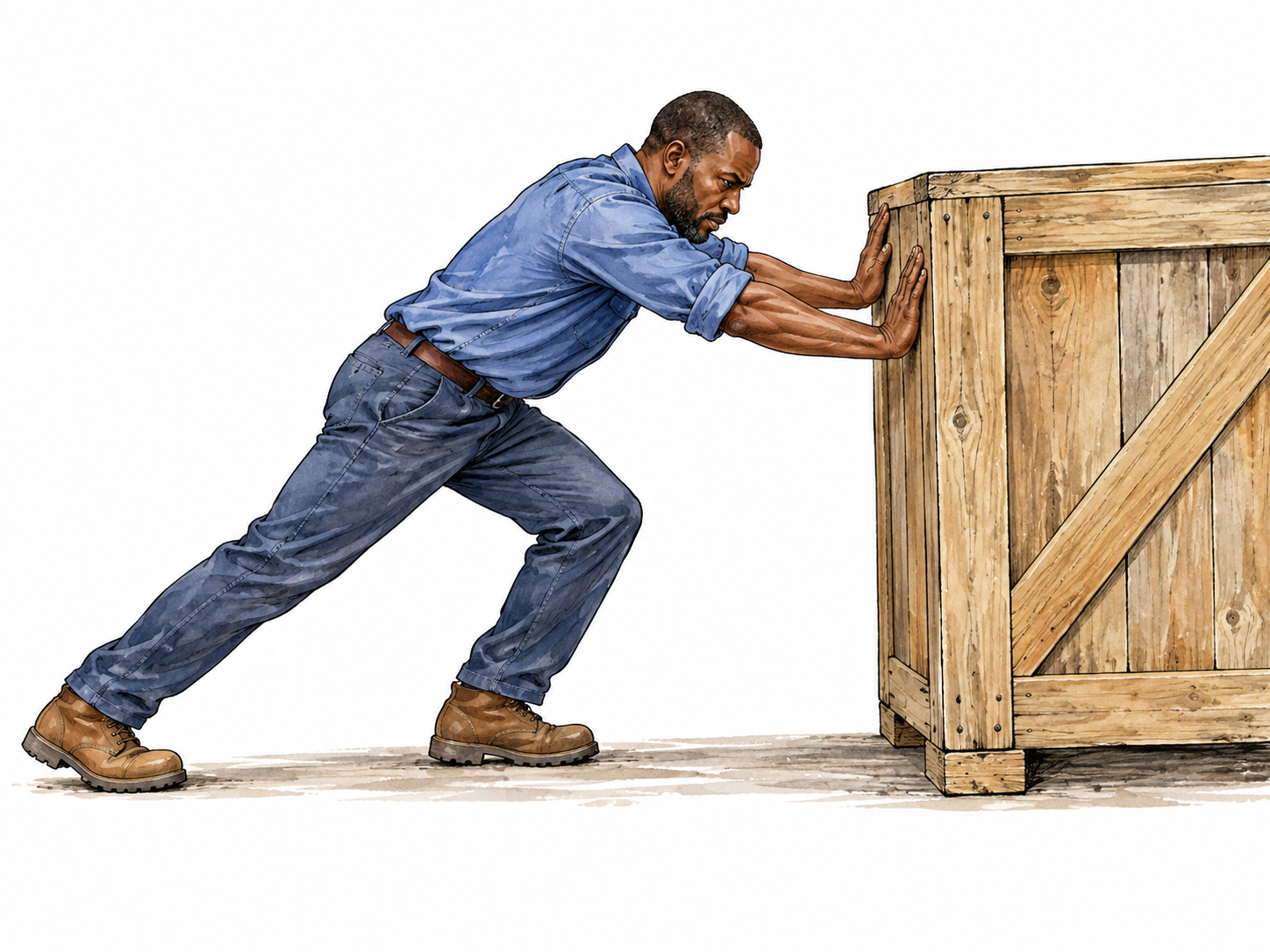 Man pushes a heavy crate away.