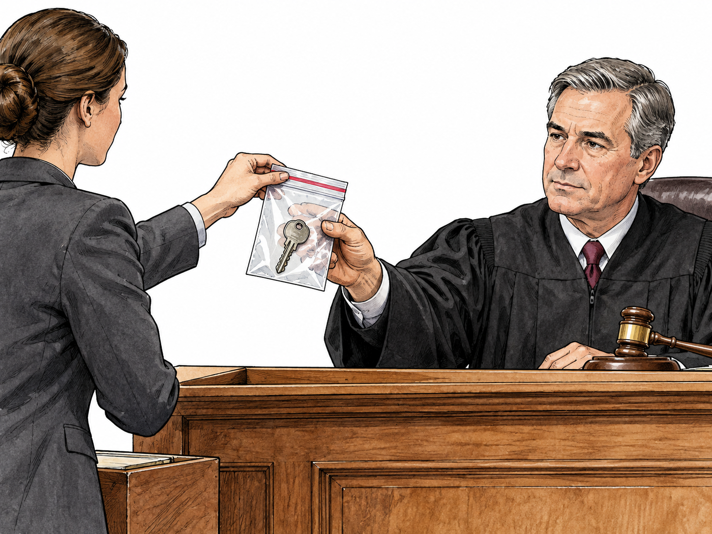 A judge accepts a sealed transparent evidence bag containing a key from a clerk in a modest courtroom; focus accepted evidence.