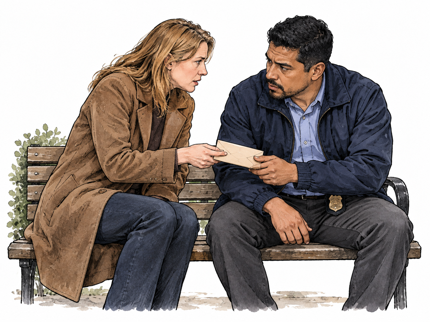 Woman discreetly passes information to detective.