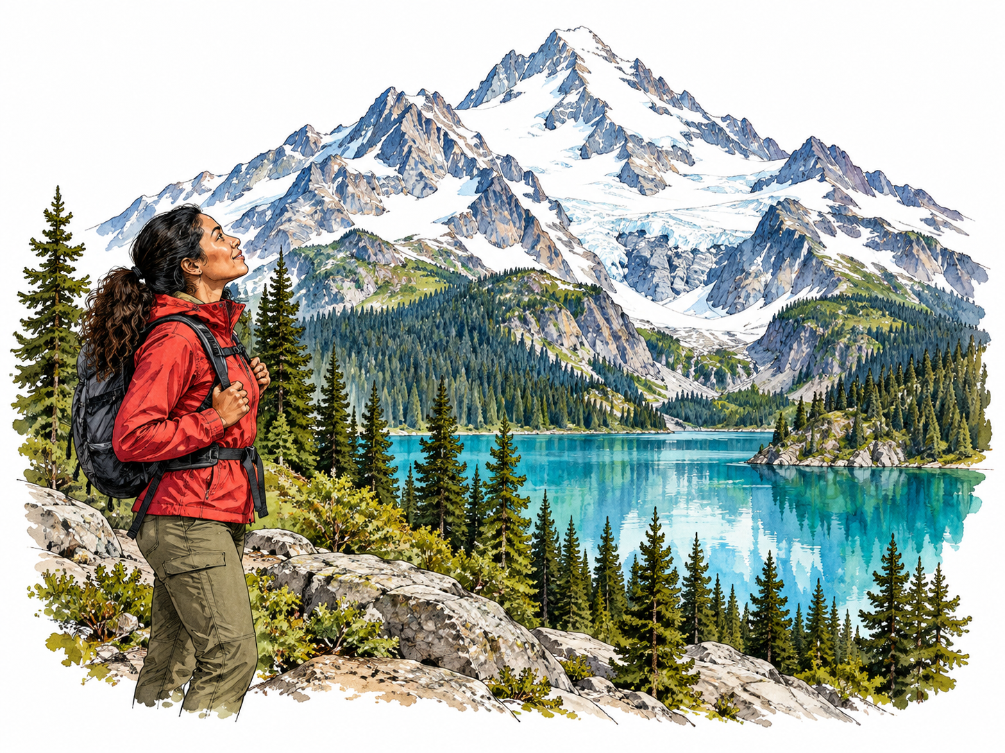 Hiker admires a magnificent mountain landscape.