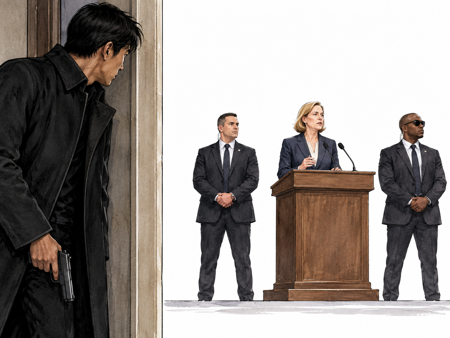 Concealed killer watches a political figure.