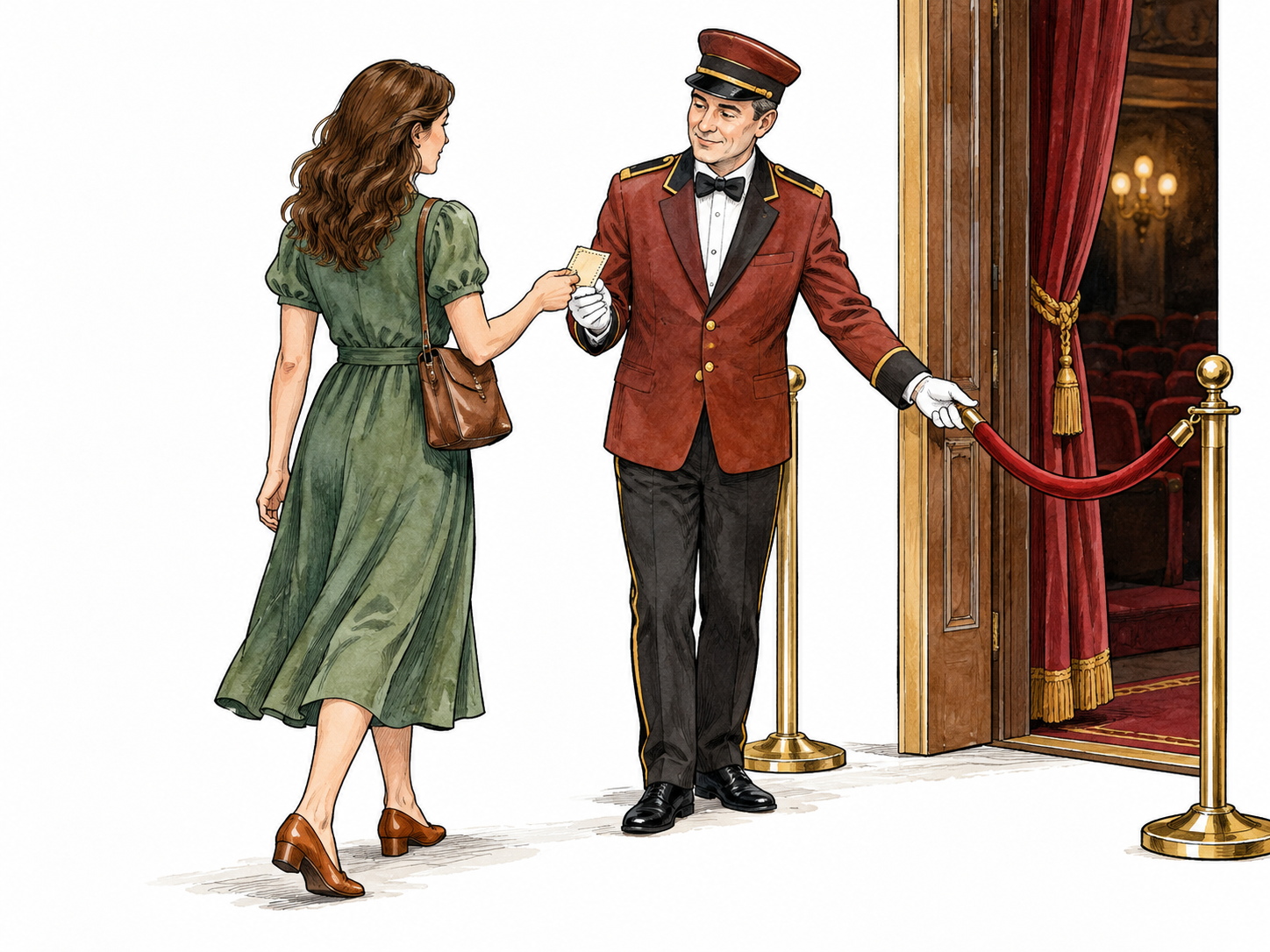 A ticket taker checks a visitor's ticket and opens a theater entrance rope for entry.