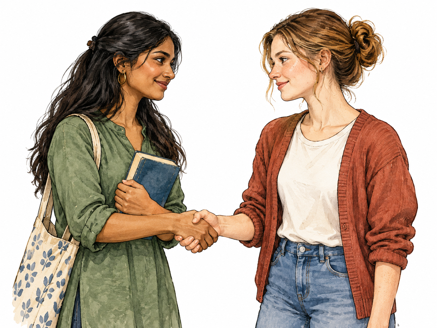 Two friends make a sincere promise with a handshake and steady eye contact, one holding a small borrowed book.