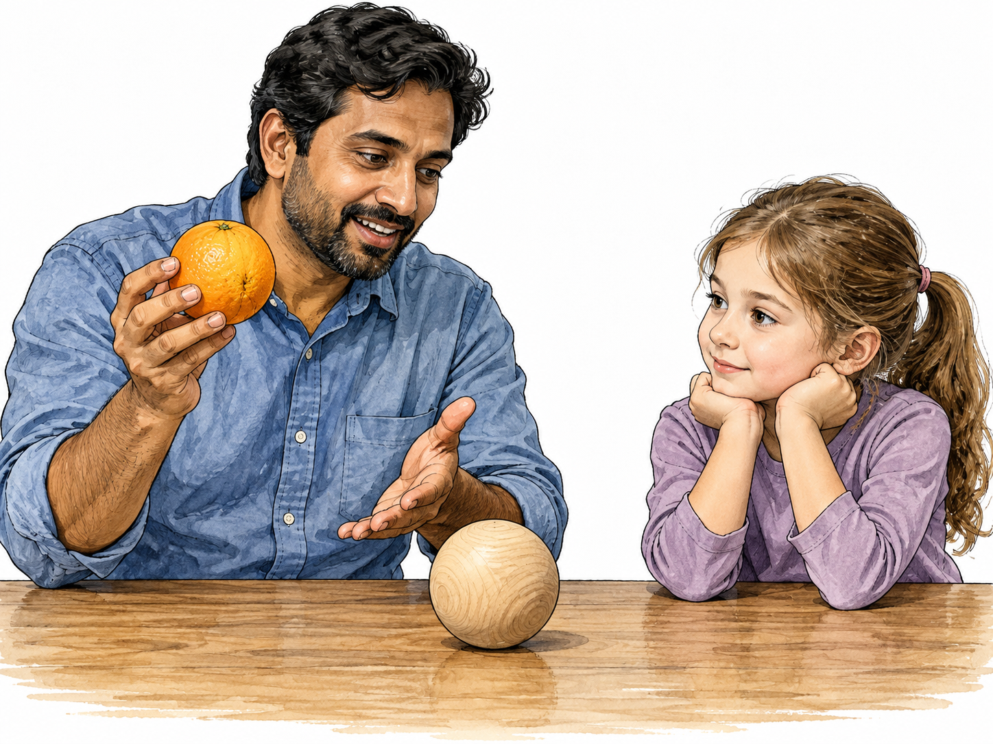 An orange exemplifies a sphere during a lesson.