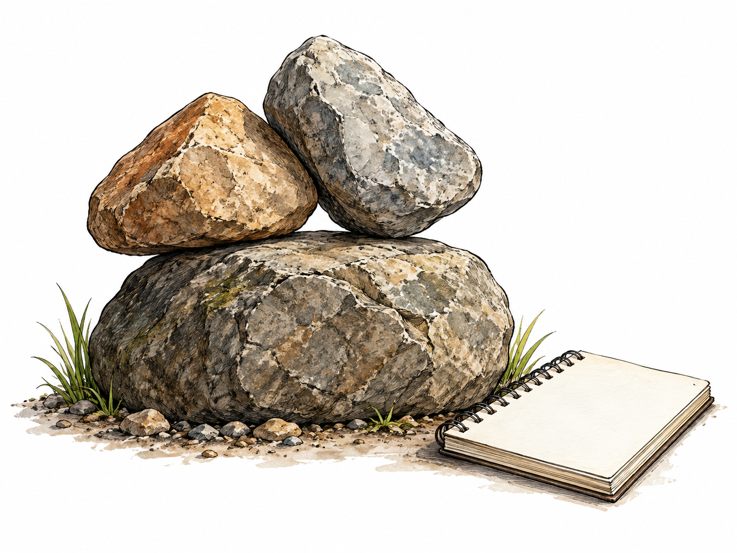 A stable base stone supports two upper stones, with a small blank reasoning notebook beside it; visual metaphor of a supporting starting assumption.