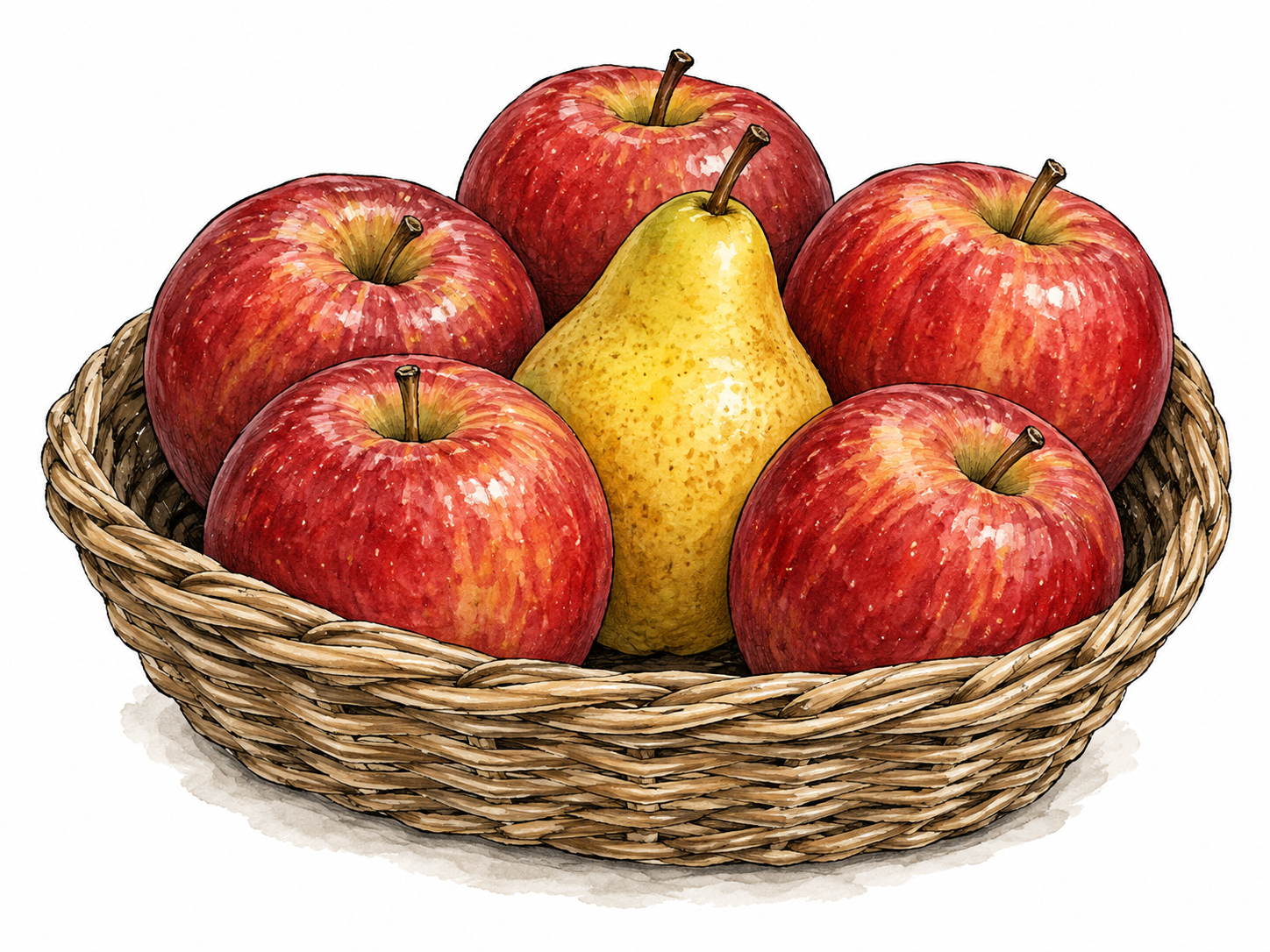 Yellow pear surrounded by red apples.