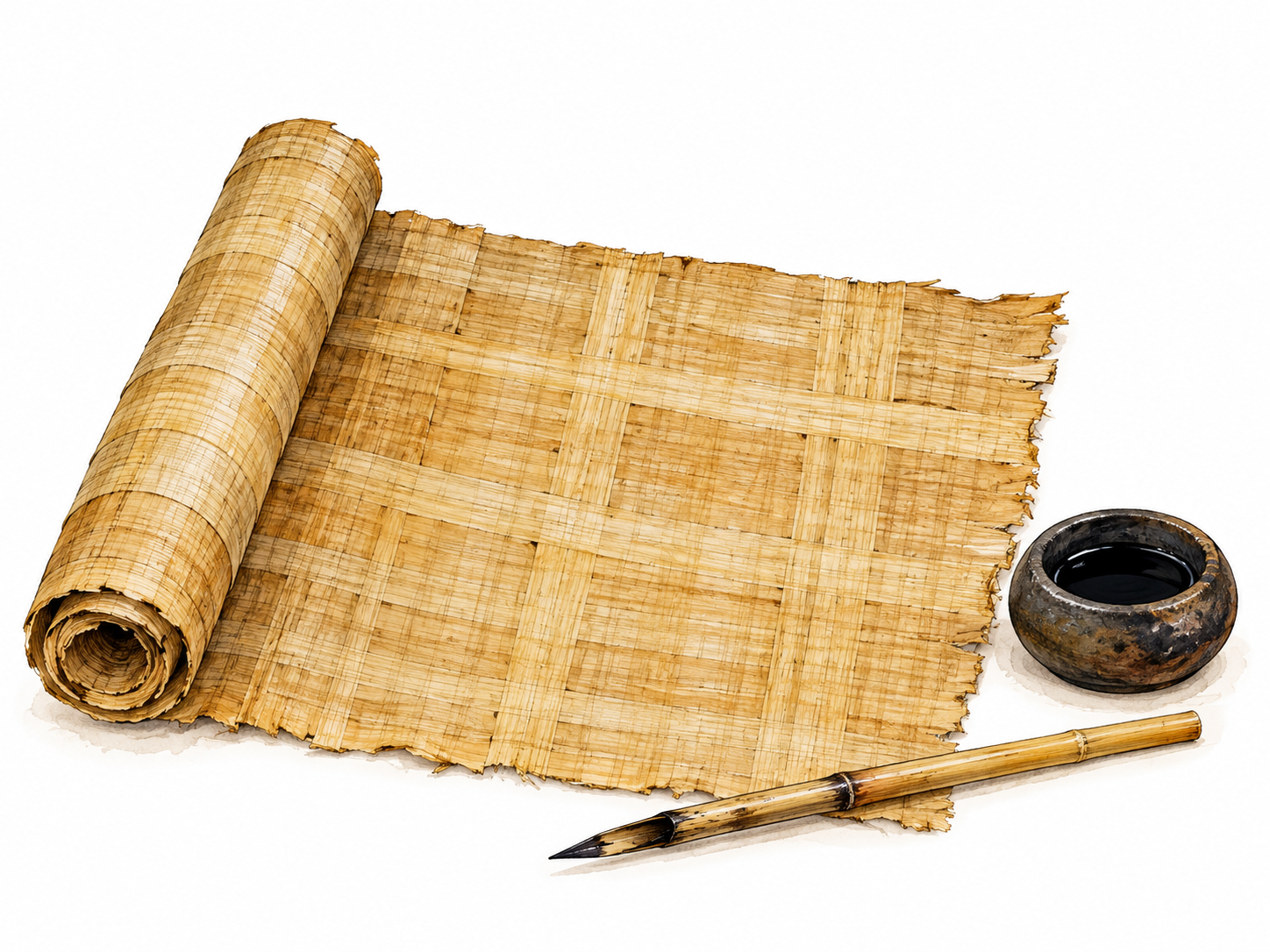 Papyrus writing sheet with reed pen.