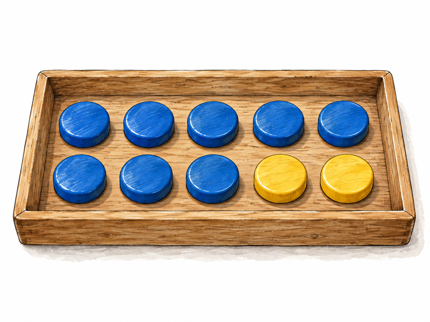 Two yellow counters within a group of eight blue counters.