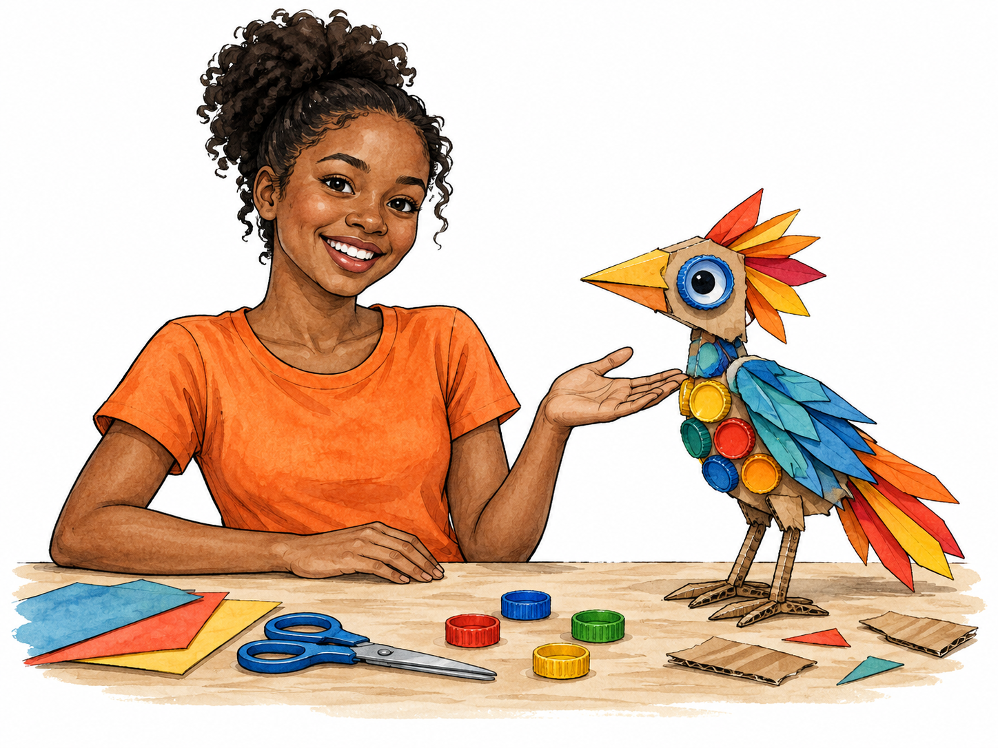 Black girl presents inventive recycled bird sculpture.