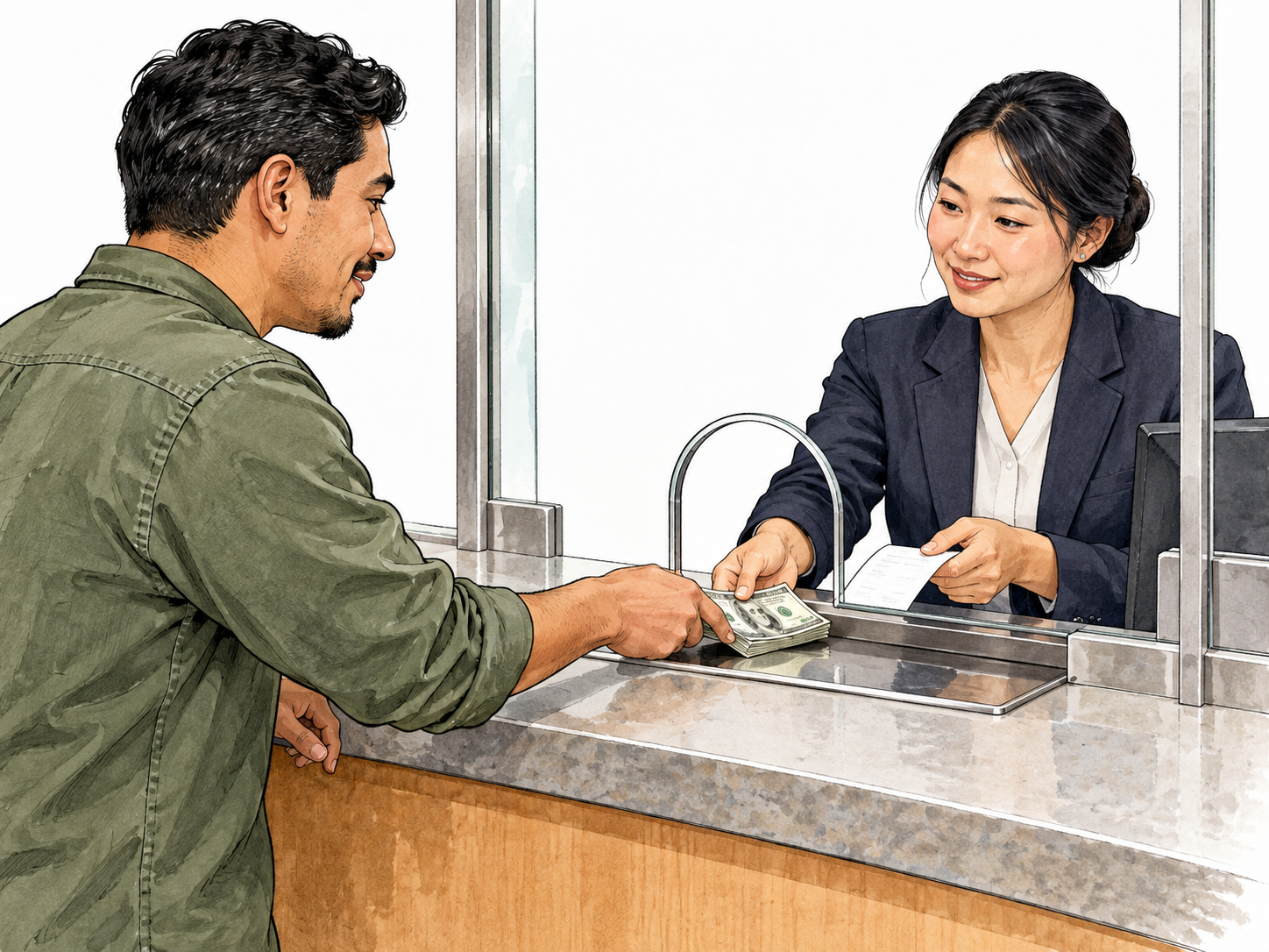 A person sends money through a bank teller window, cash sliding onto counter and receipt returned.