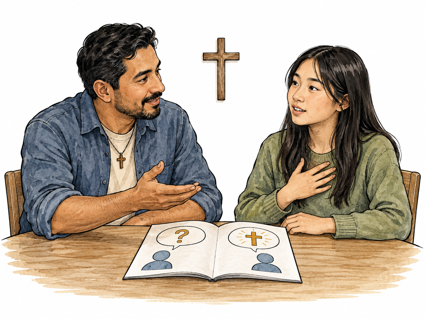 Latino catechist and East Asian learner exchanging religious questions and answers.
