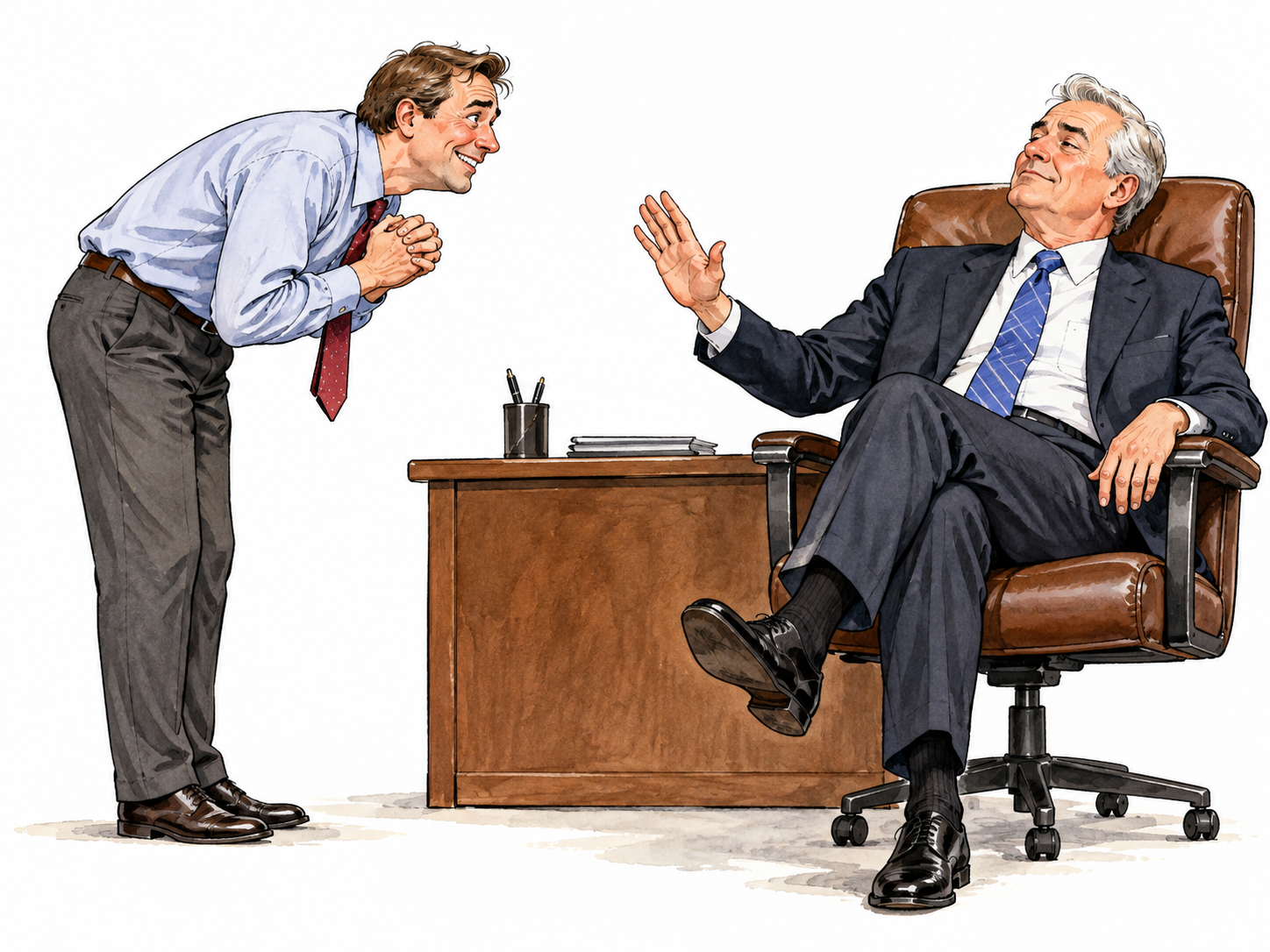 Employee behaves obsequiously toward confident boss.