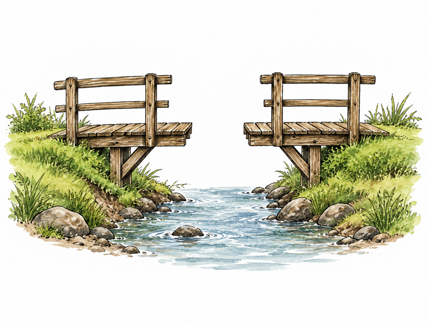 Disconnected bridge halves across stream.