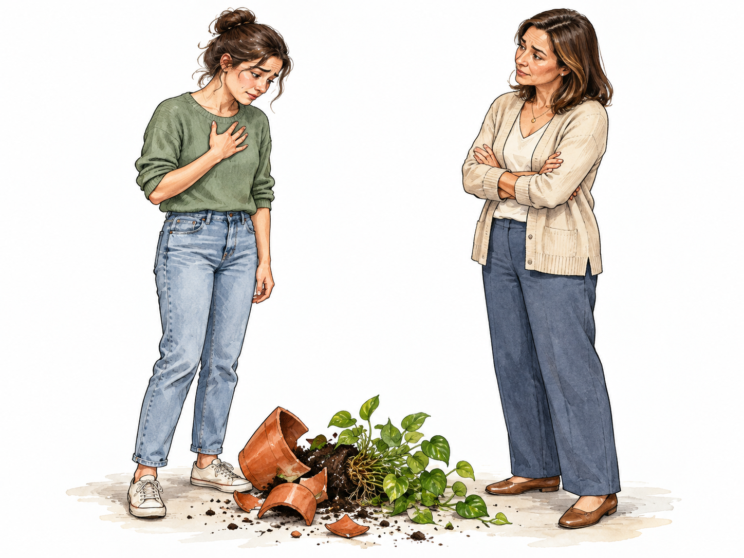 A young adult beside a broken flowerpot owns up to breaking it, palm on chest, contrite expression, another adult listening.