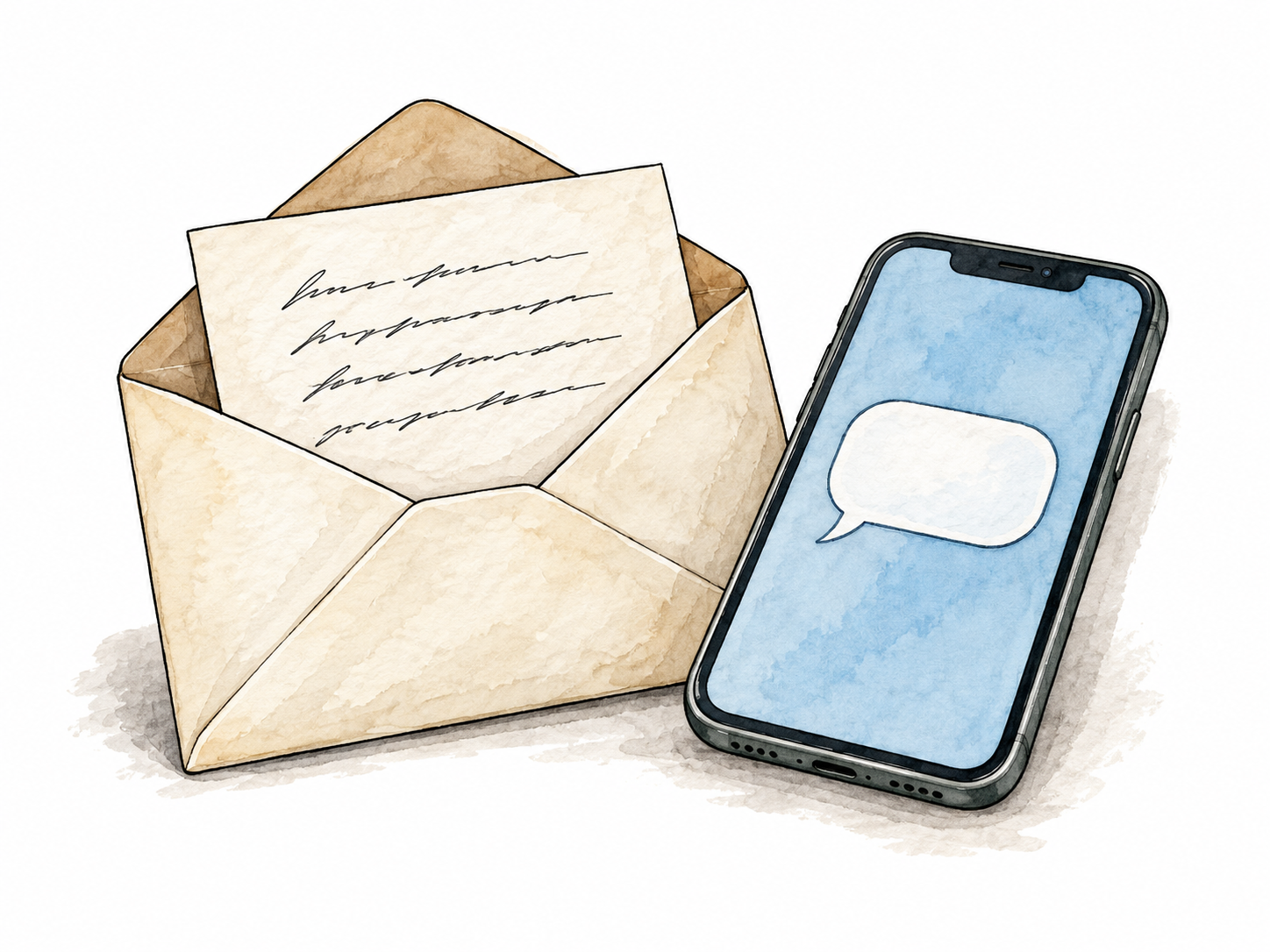 An open envelope containing a short handwritten letter rests beside a phone displaying a simple speech bubble; no legible text.