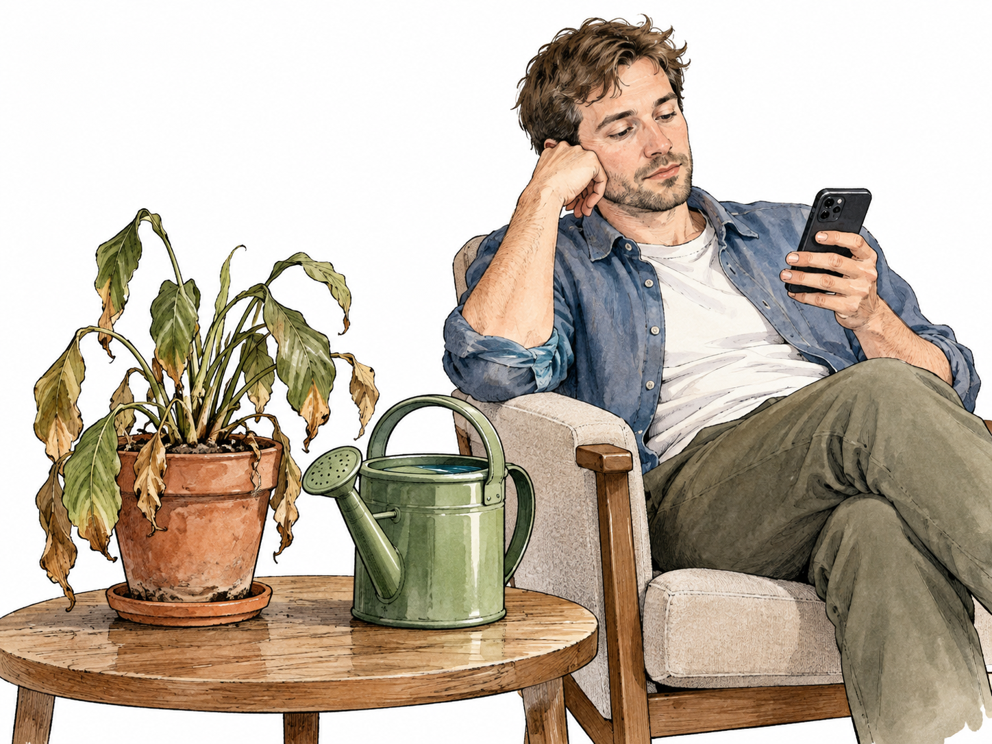 A neglected dry houseplant with drooping leaves sits beside a full unused watering can and distracted owner.