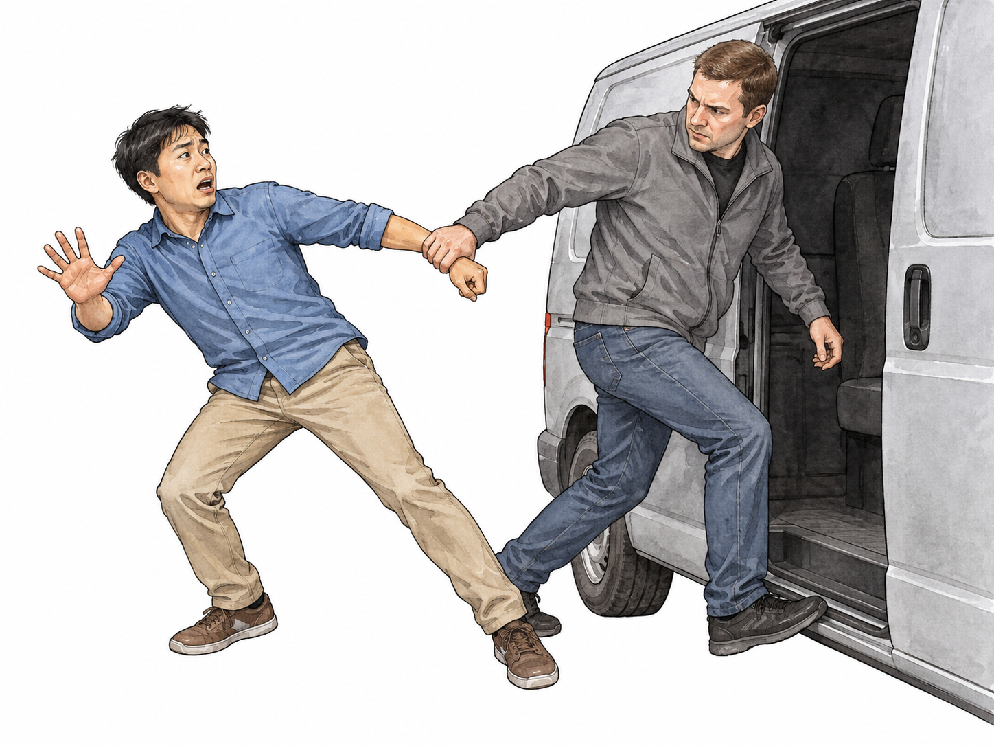 Adult forcibly pulls a resisting adult toward van.