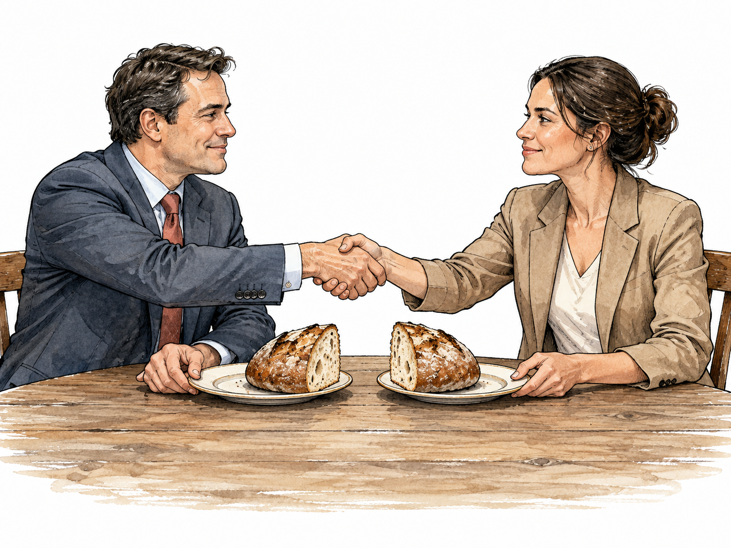 Two negotiators share a round loaf divided evenly between them, shaking hands across table; each has accepted half.