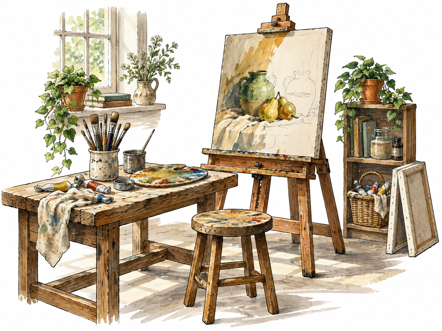 Artist studio with easel and worktable.