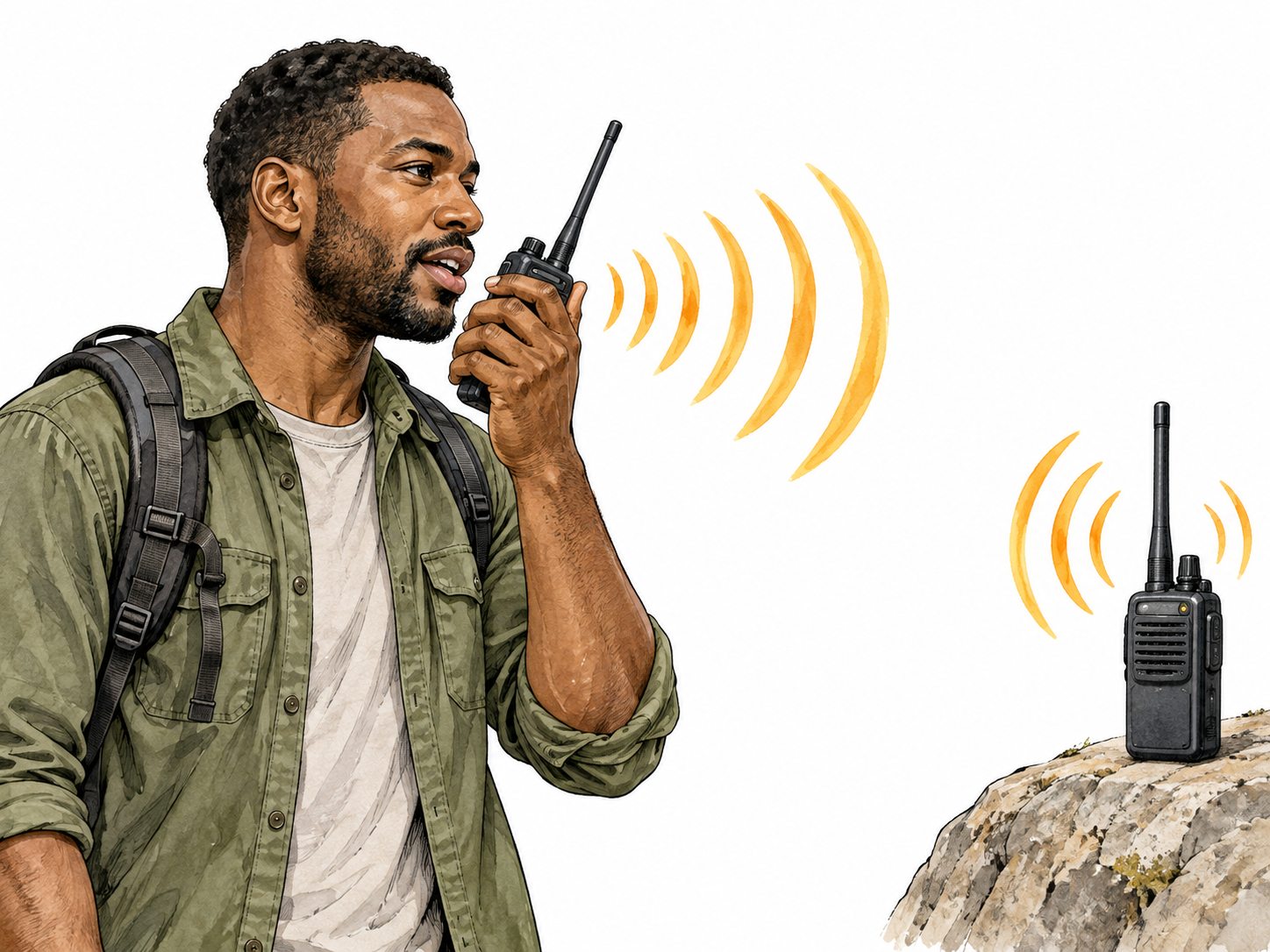A person speaks into a handheld radio while a second radio nearby displays incoming signal wave marks.