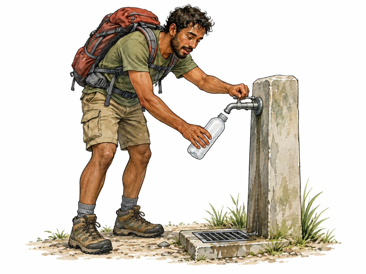 Thirsty hiker needs water.