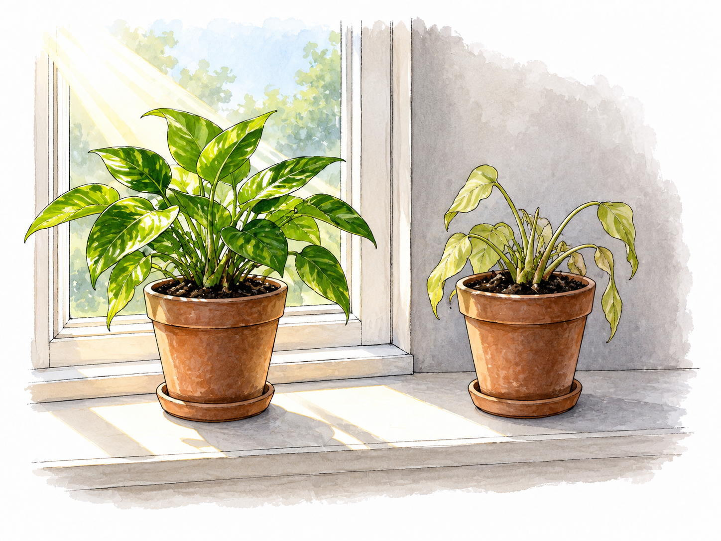 Different light exposure influencing plant growth.
