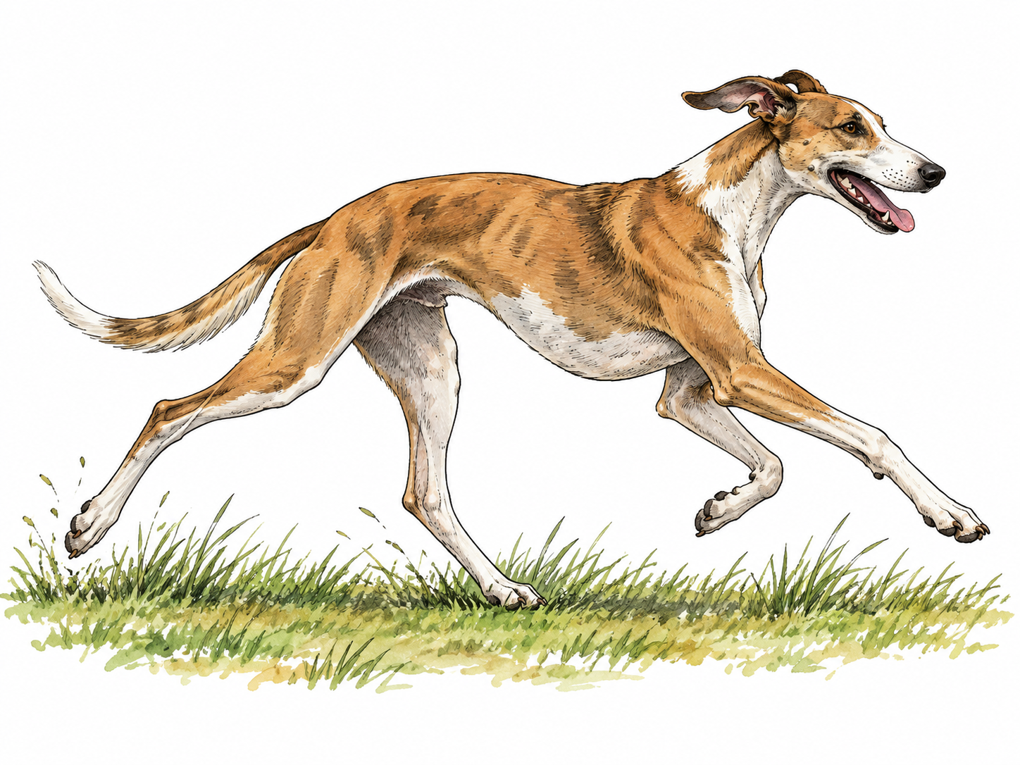 A long-legged dog runs with loose relaxed strides across grass, all four limbs natural.