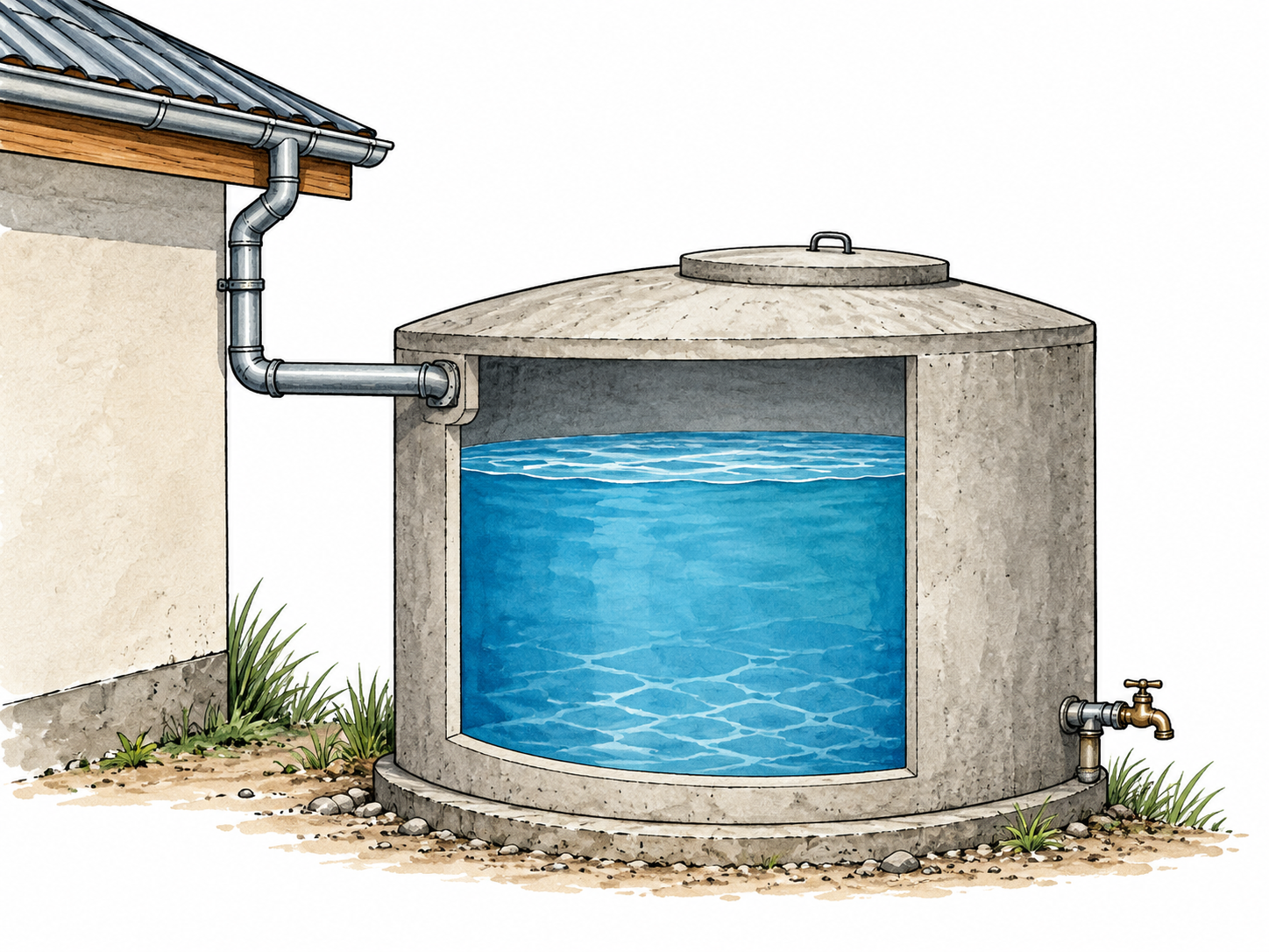 Cistern cutaway showing stored water and inlet.