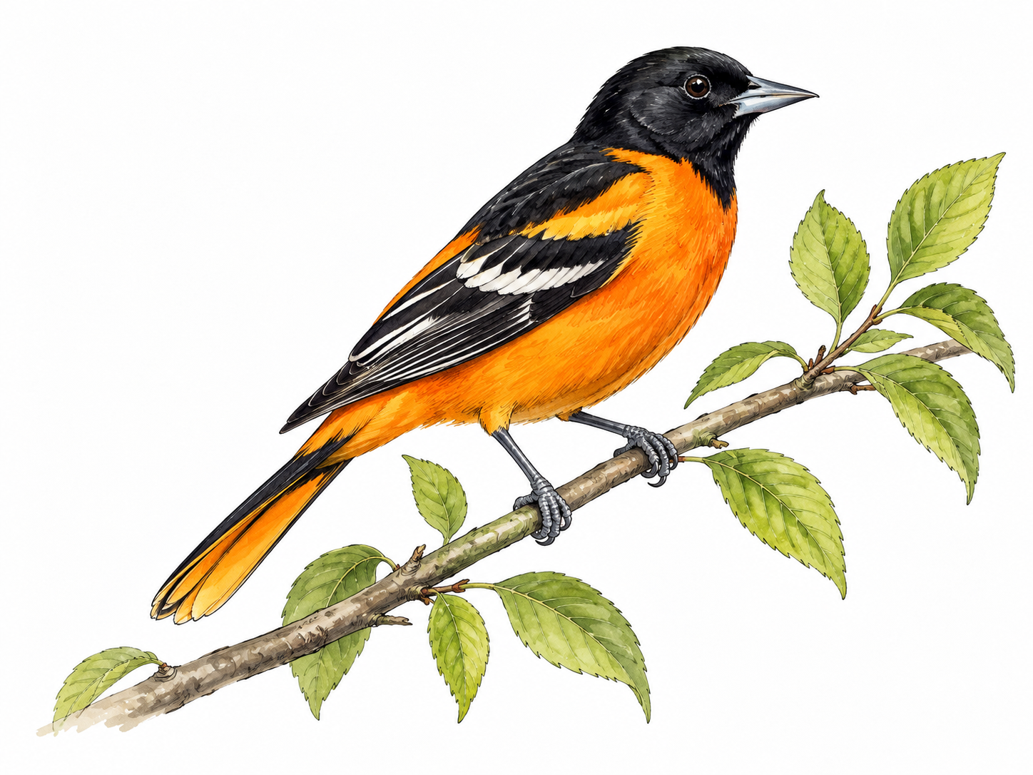 Orange-and-black male oriole perched on a branch.