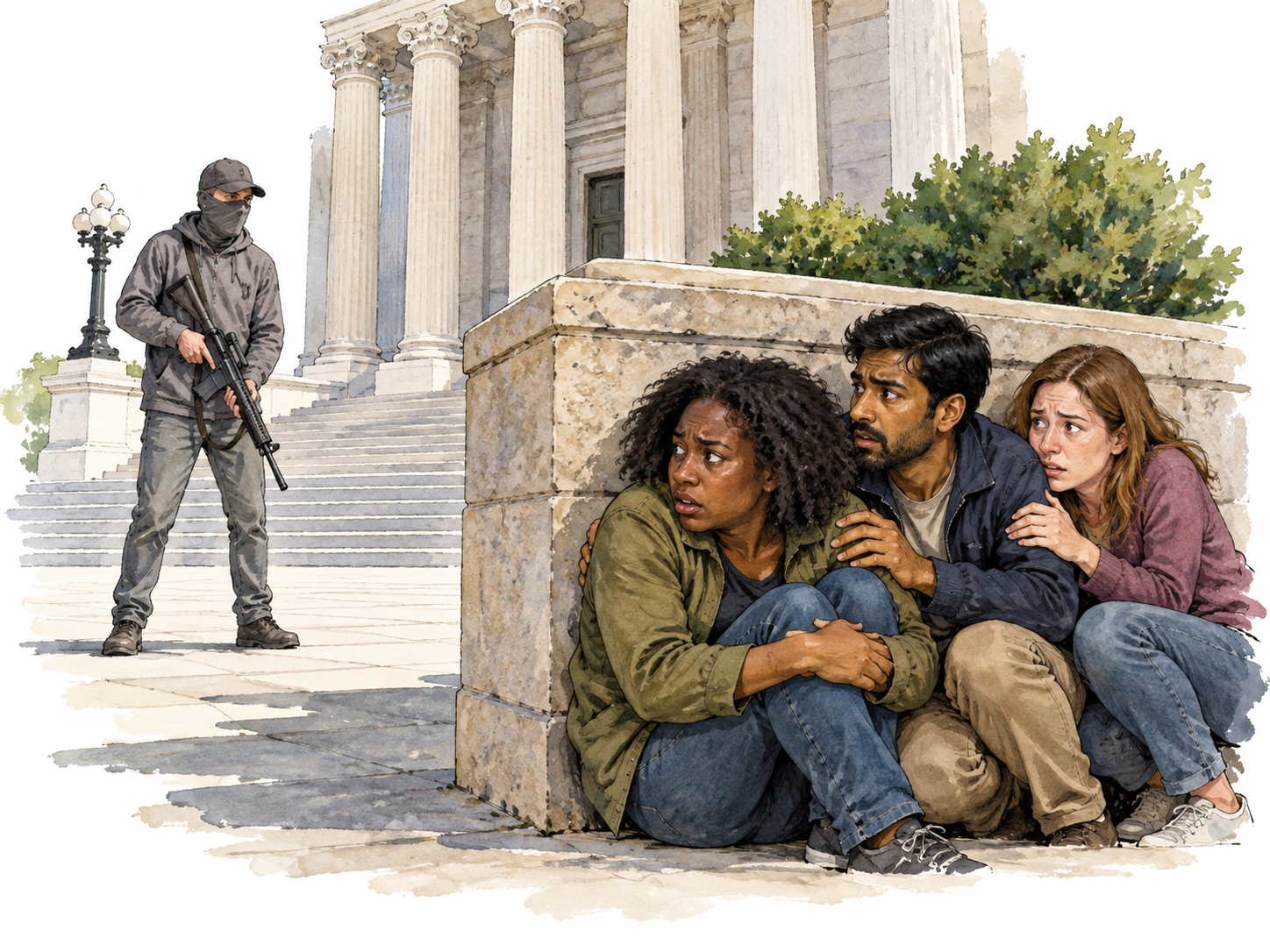 Armed extremist intimidates civilians near civic building.