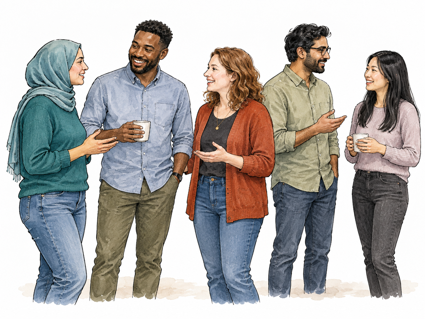 Five people mingling in small conversations.