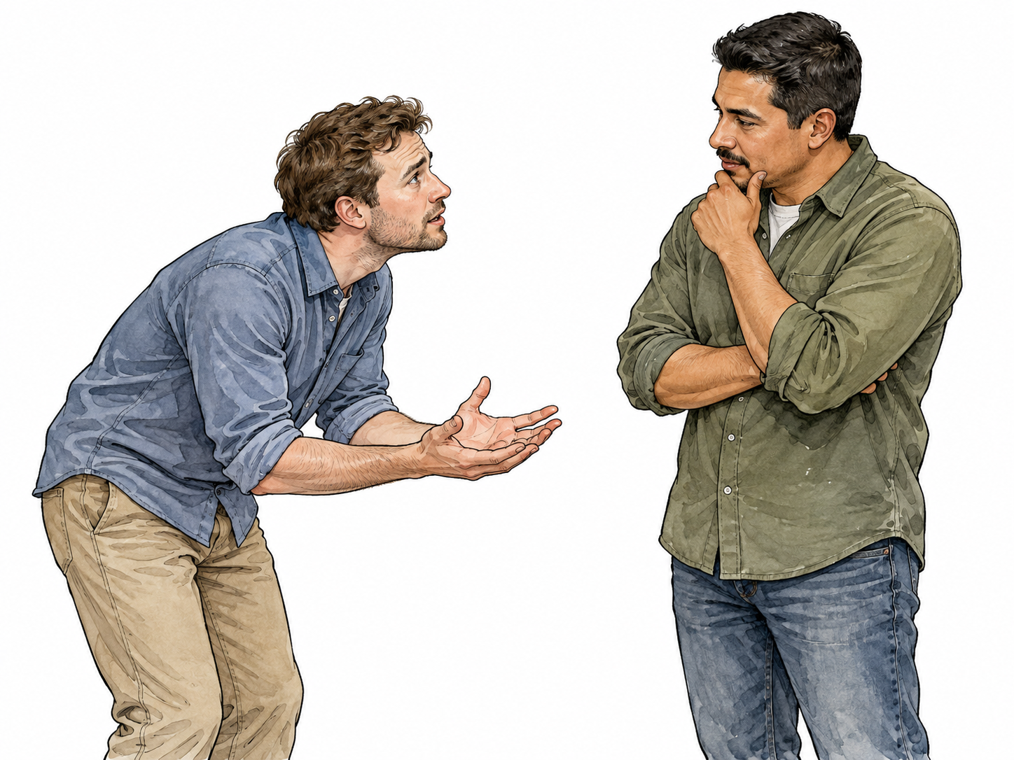 An adult leans forward with open palms asking earnestly for help from another adult.