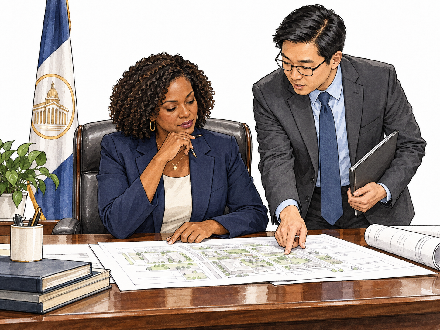 A city department commissioner at a desk reviewing plans with a staff member, formal municipal office setting.