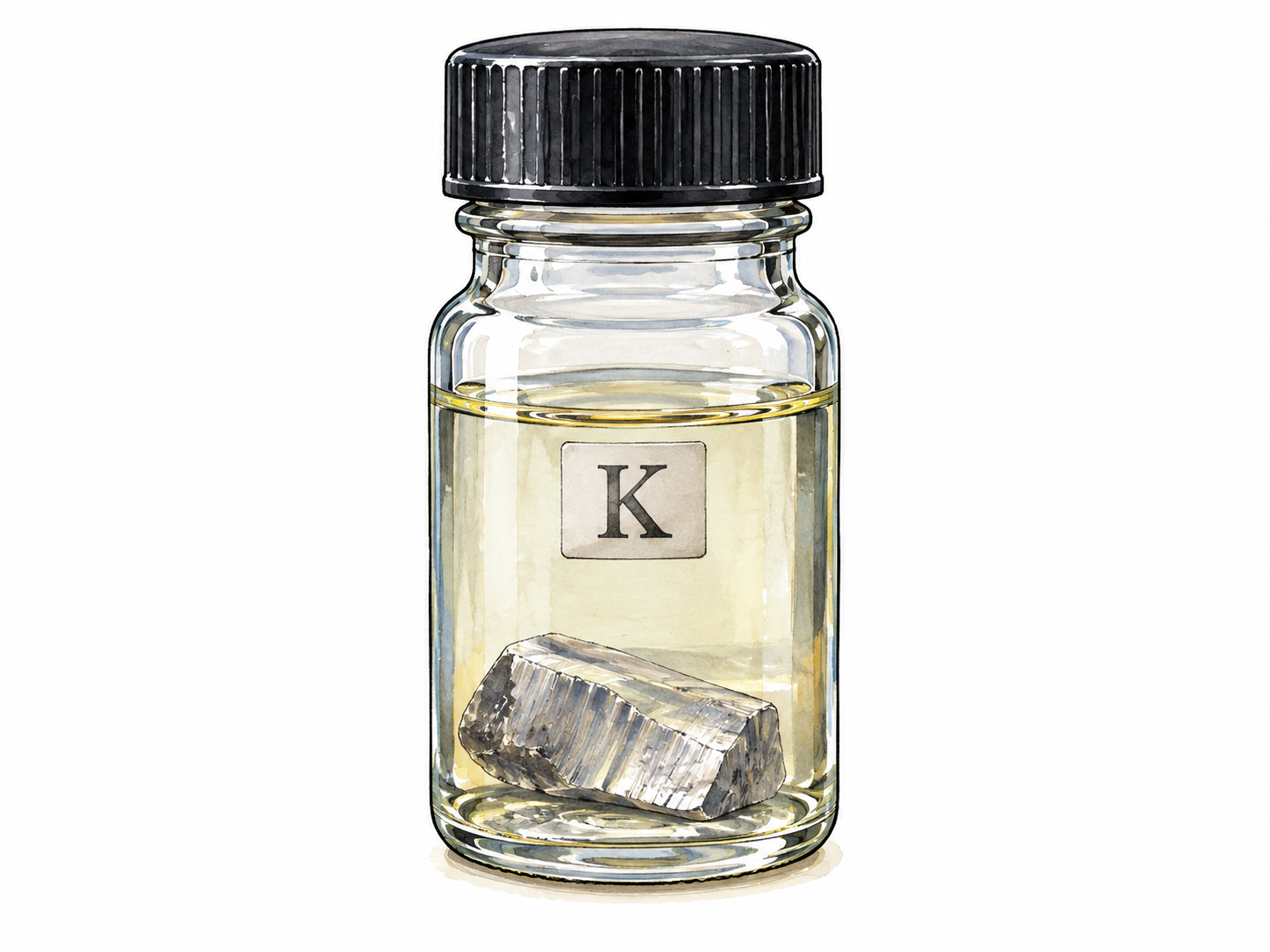 A small silvery potassium metal sample safely submerged in transparent mineral oil inside a sealed glass vial, discreet K symbol.