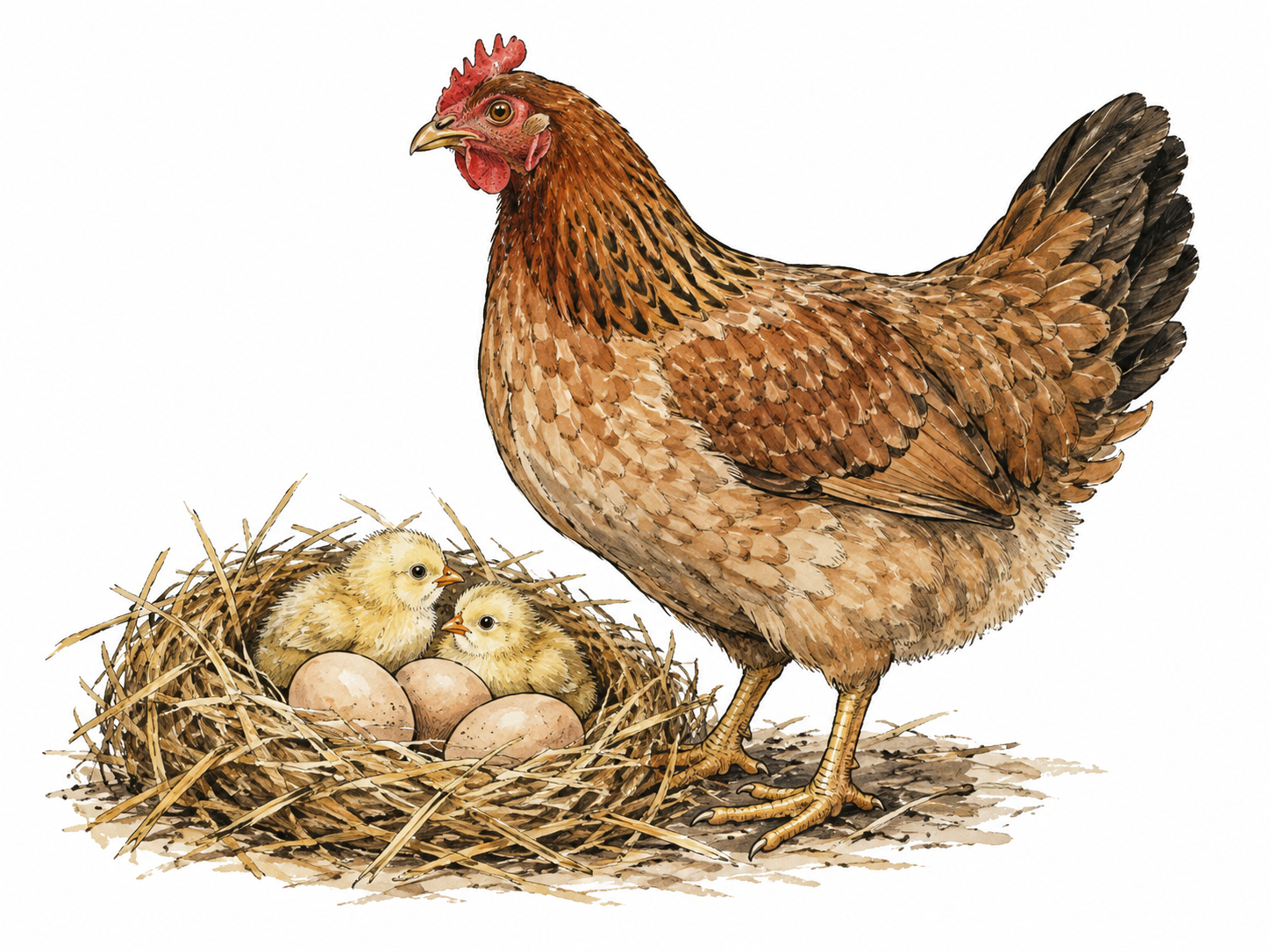 Hen beside eggs and chicks.