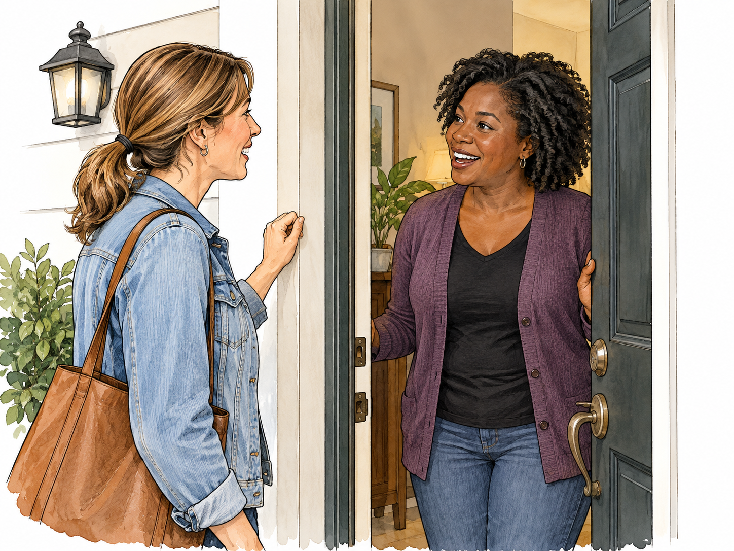 Answering a neighbor at the door.