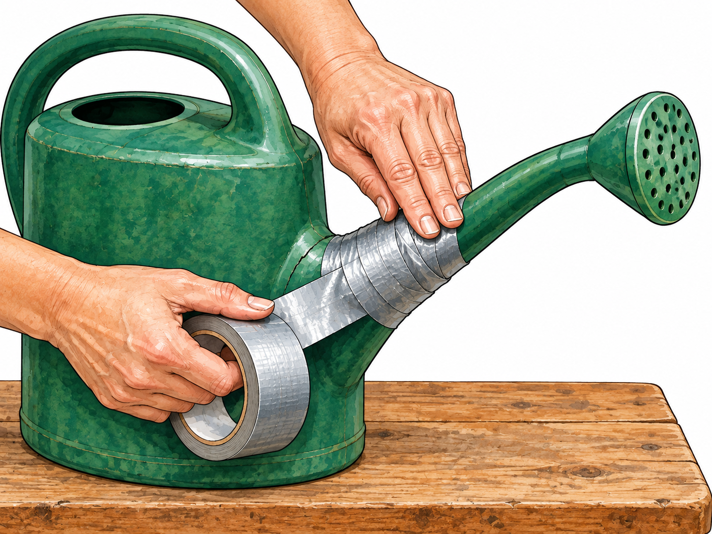 Temporary tape repair on watering can.