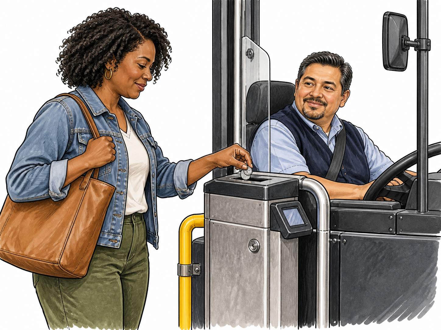 A passenger pays coins into a bus farebox beside the driver's seat.