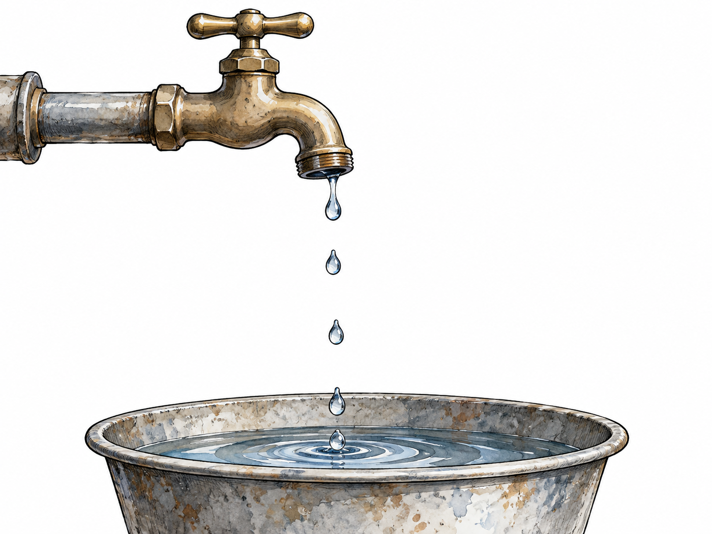 A simple tap releases separated unevenly spaced drops into a basin, with gaps clearly visible between droplets.
